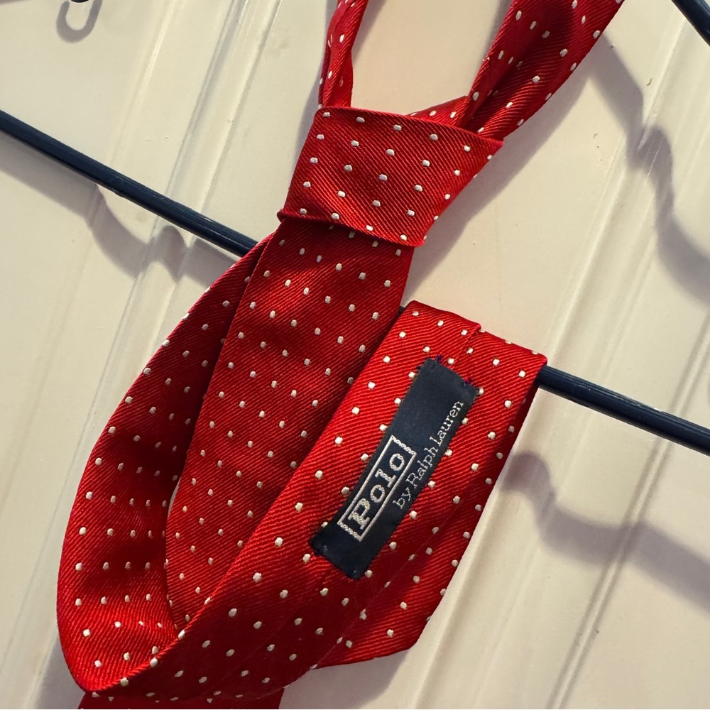 Polo by Ralph Lauren Red with White Polka Dot Pattern Tie Italy Italian